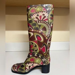 Emilio Pucci Olive Green, Burgundy & Pink Patterned Rain Boots